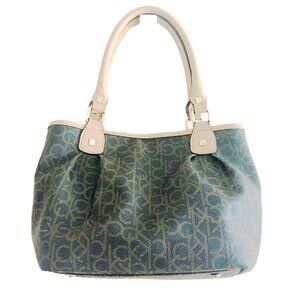 Calvin Klein CK Monogram Tote Satchel Tan Handles 3-Compartment Bag